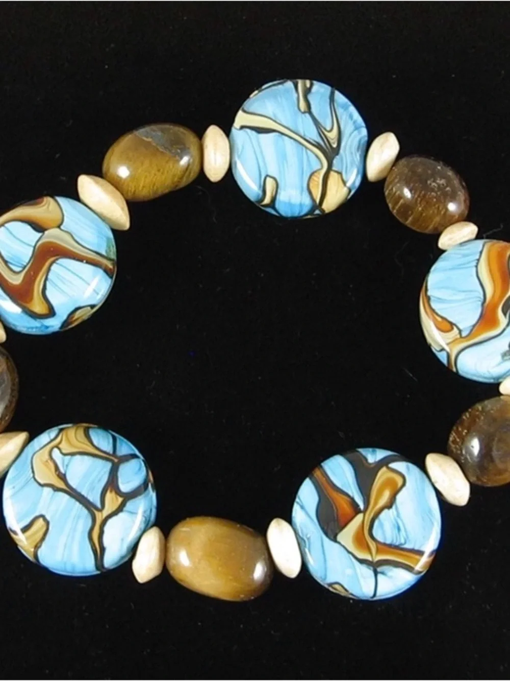 Vintage BEADED BRACELET Tigers Eye and Turquoise Art Glass Beads Elastic Stretch